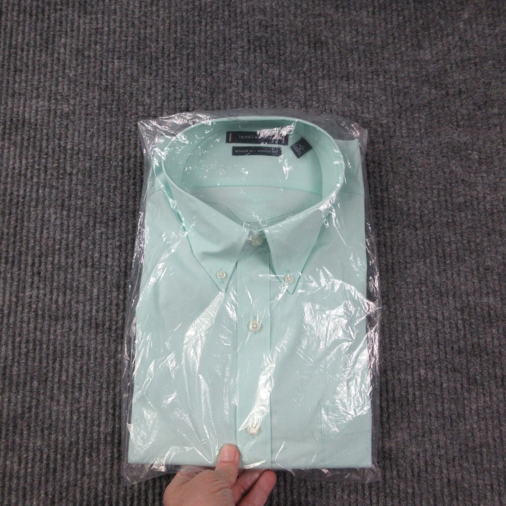 Tommy Hilfiger Dress Shirt Mens 17 36/37 XL Green Regular Fit Wrinkle Free NWOT